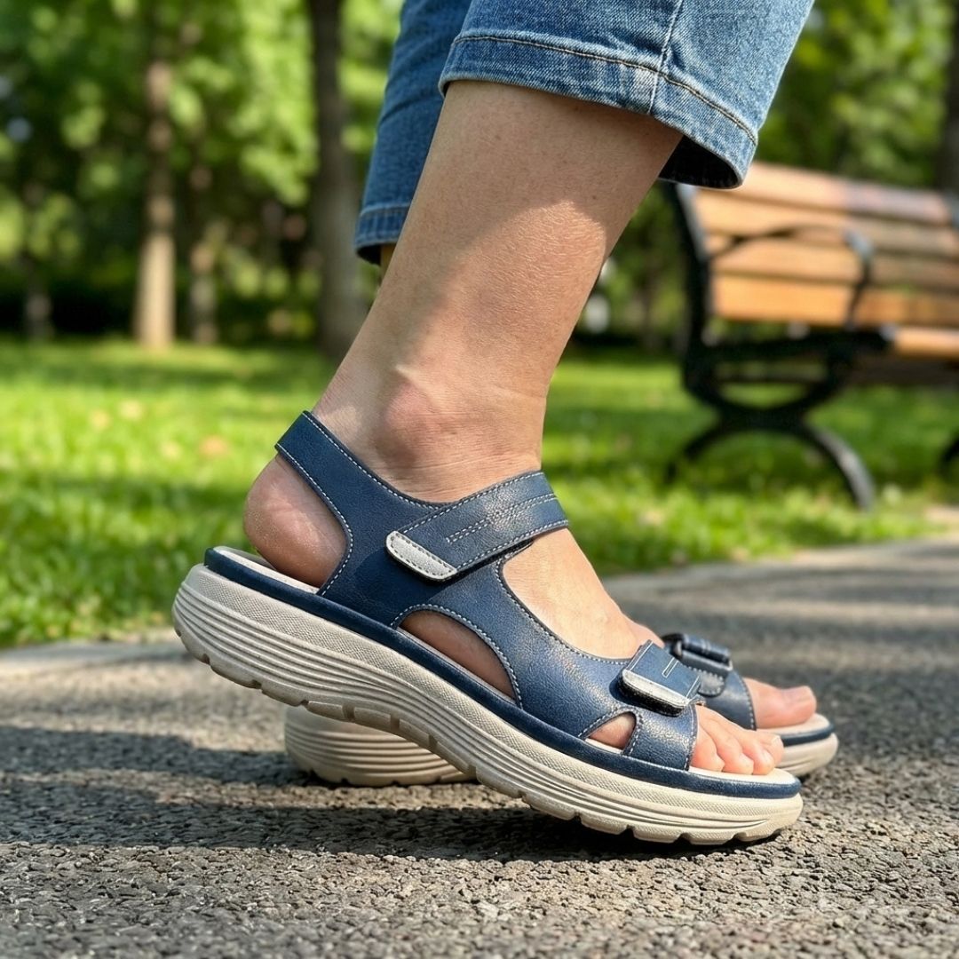 Orthopedic support sandals in blue, black and gray with a raised arch and a deep heel cup