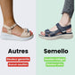 Orthopedic support sandals in blue, black and gray with a raised arch and a deep heel cup
