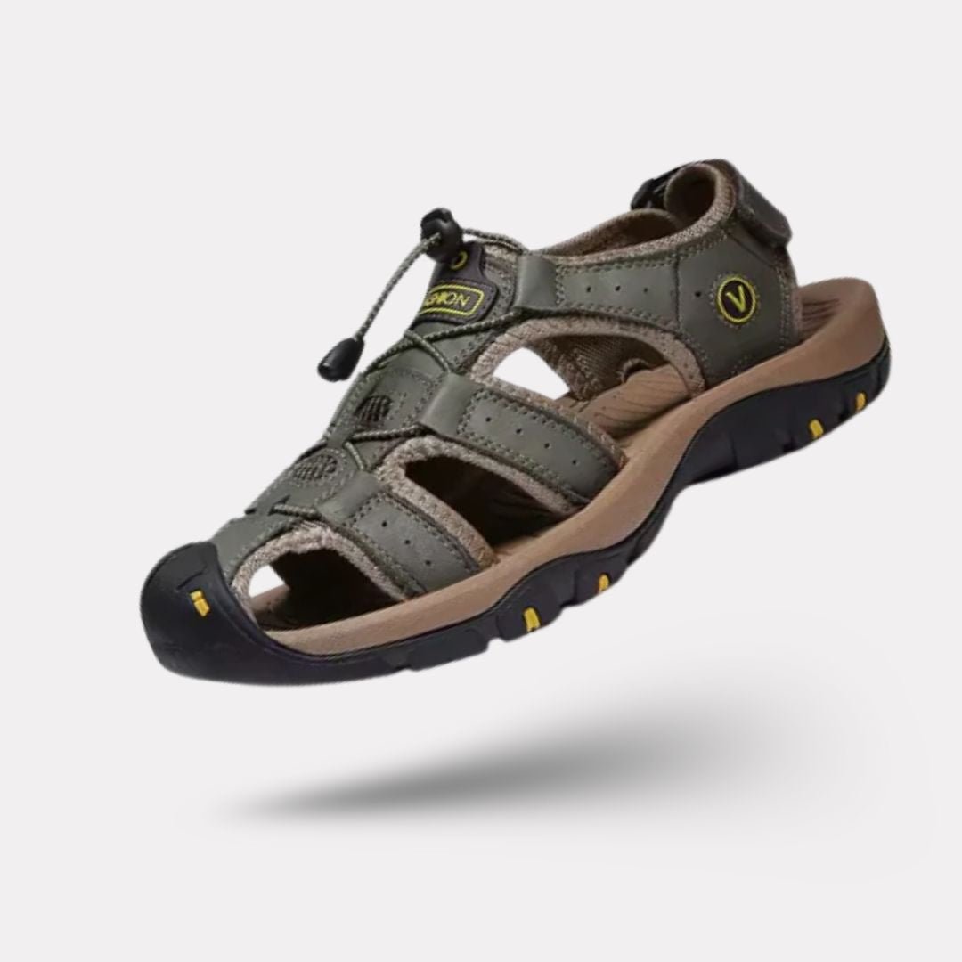 Men's orthopedic summer sandals with adjustable straps, in light brown, black, gray and navy