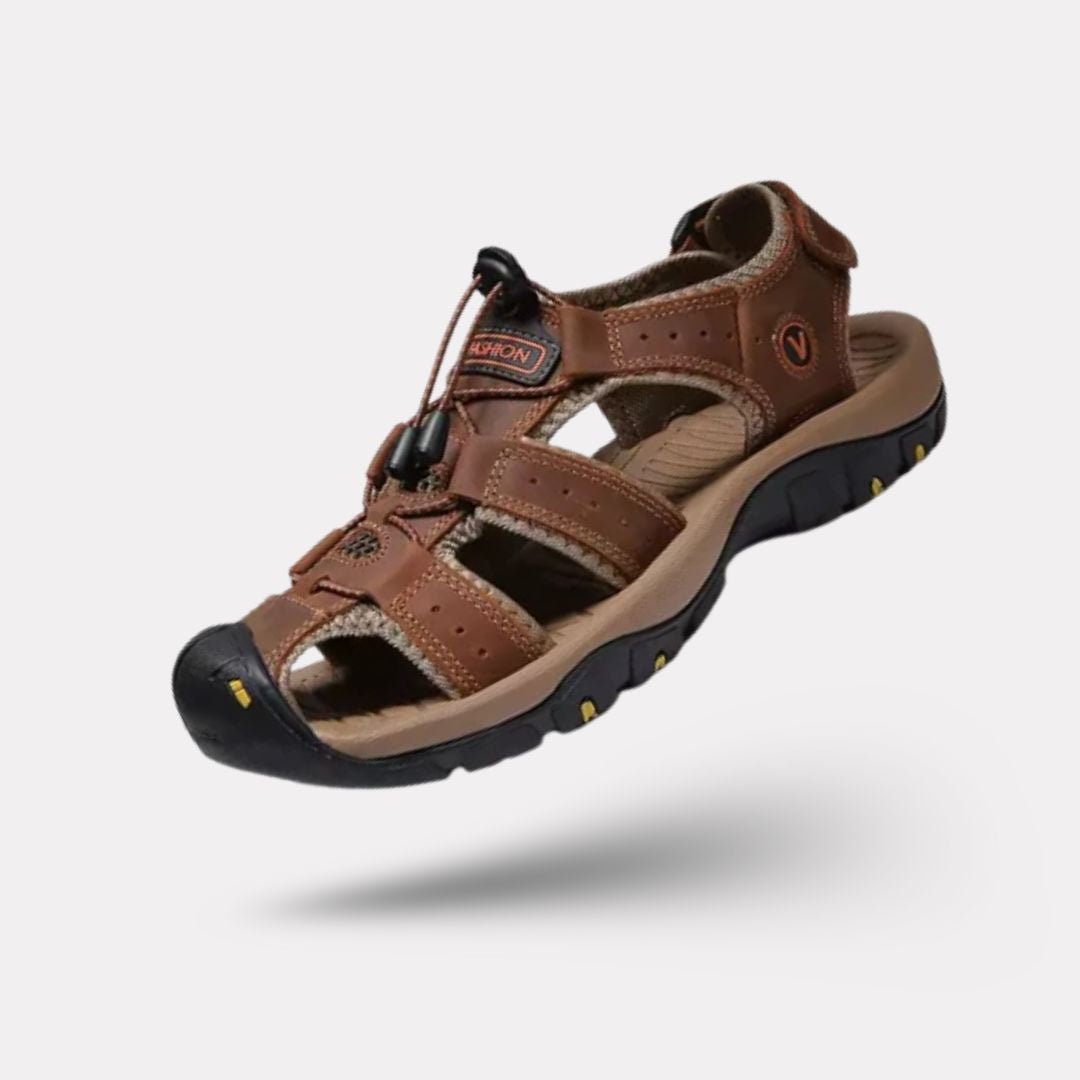 Men's orthopedic summer sandals with adjustable straps, in light brown, black, gray and navy
