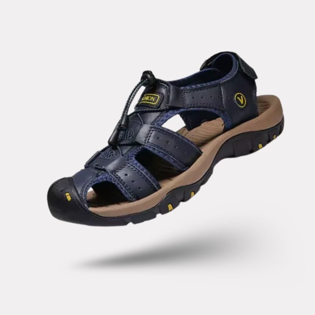 Men's orthopedic summer sandals with adjustable straps, in light brown, black, gray and navy