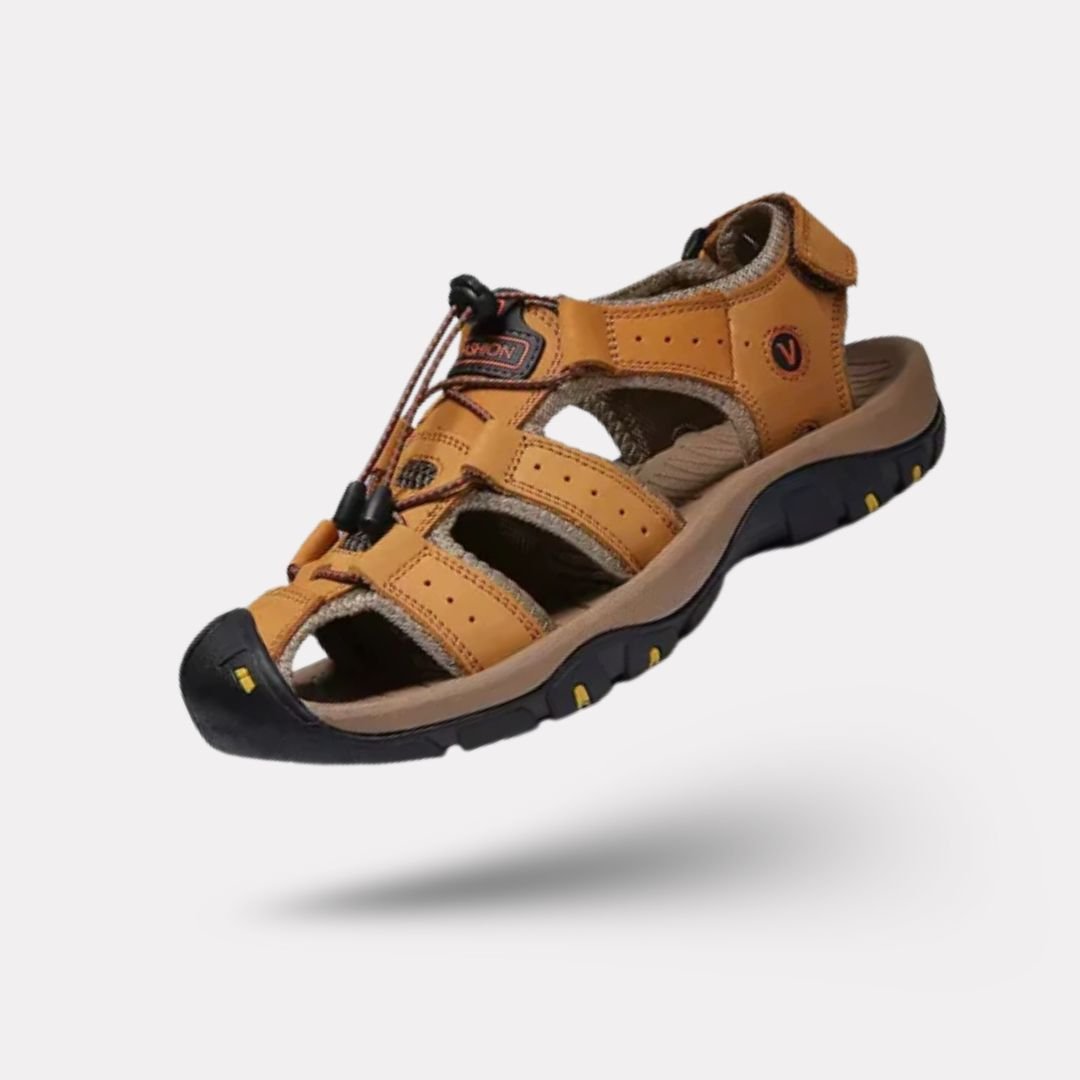 Men's orthopedic summer sandals with adjustable straps, in light brown, black, gray and navy