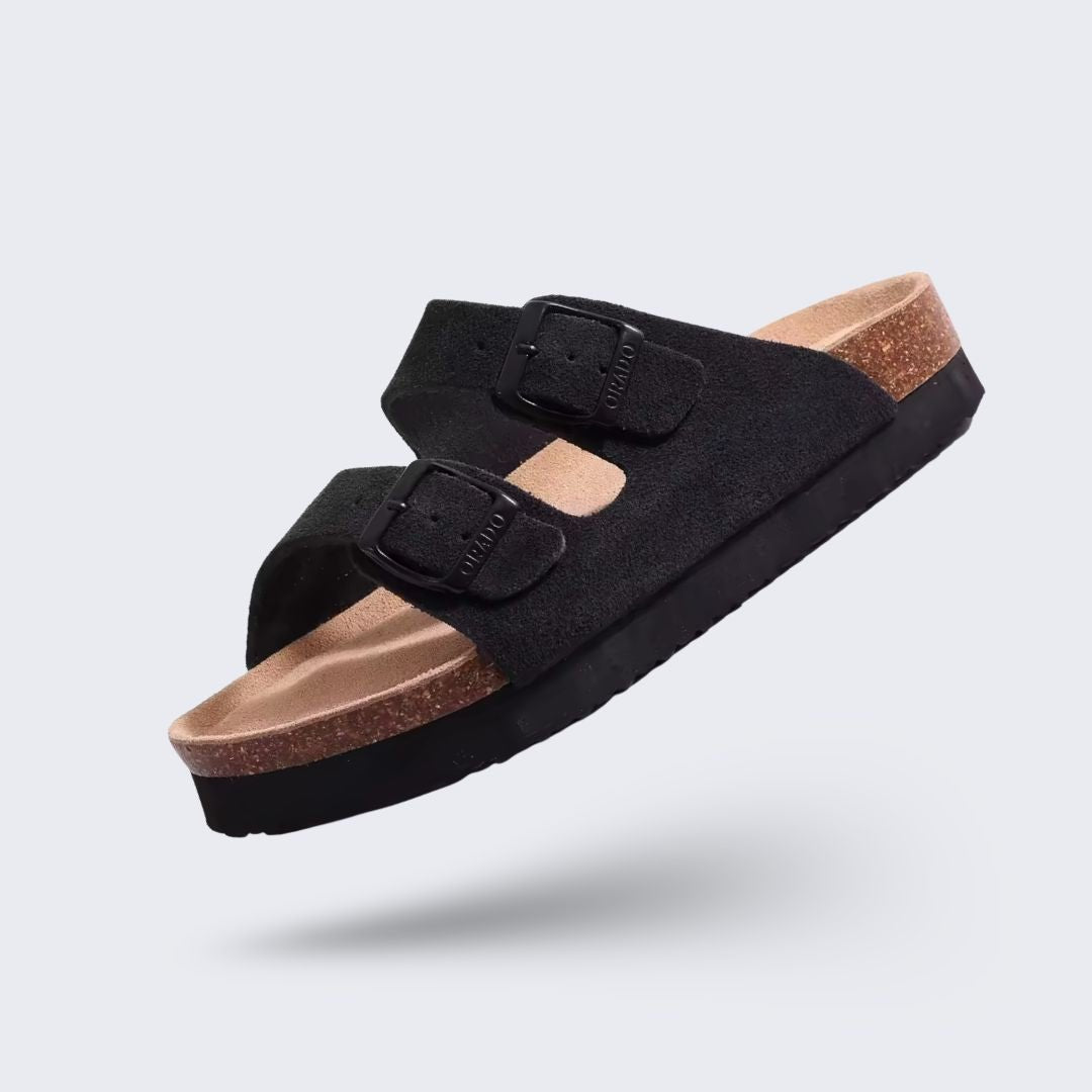 Summer sandals on a cork sole with a molded arch support under the foot