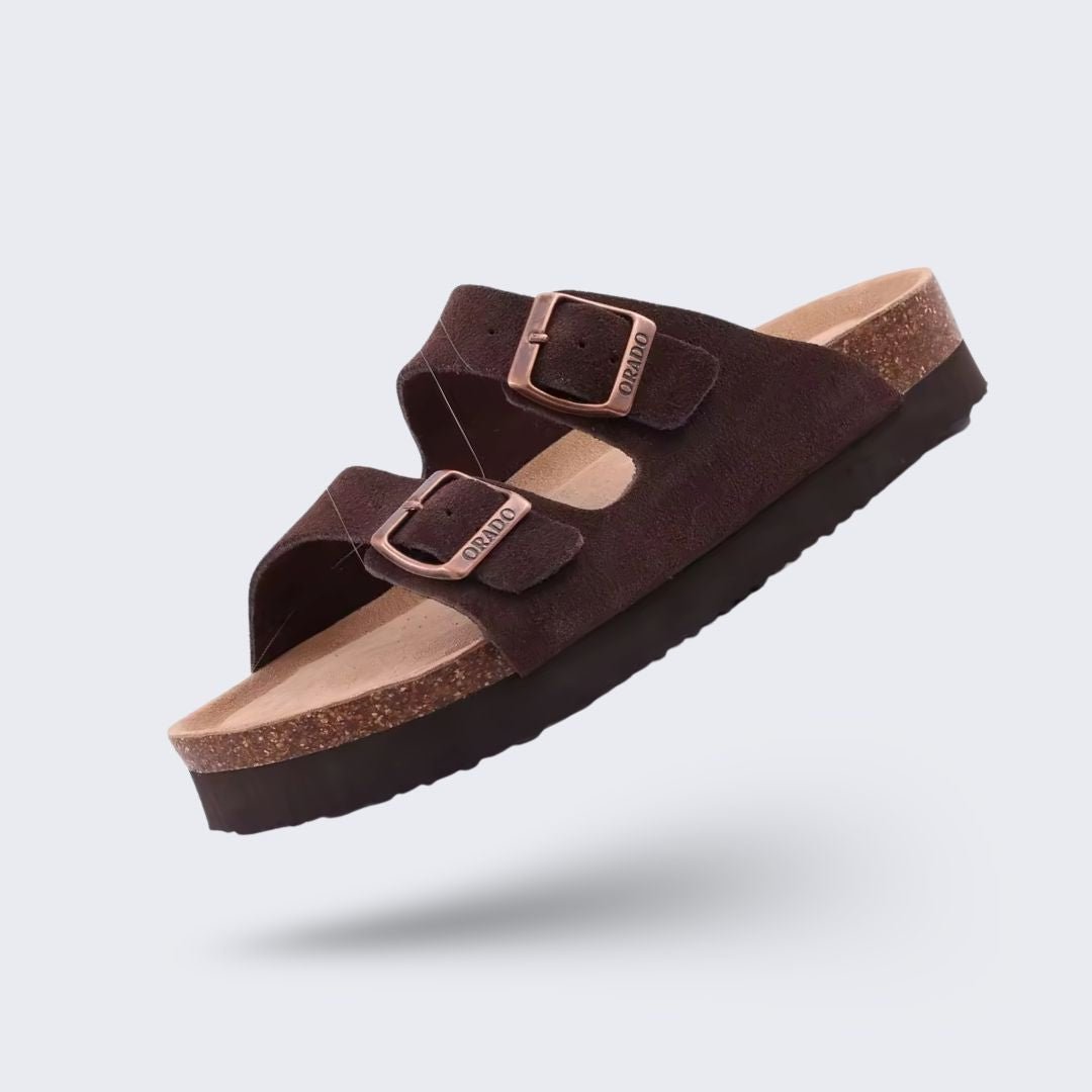 Summer sandals on a cork sole with a molded arch support under the foot