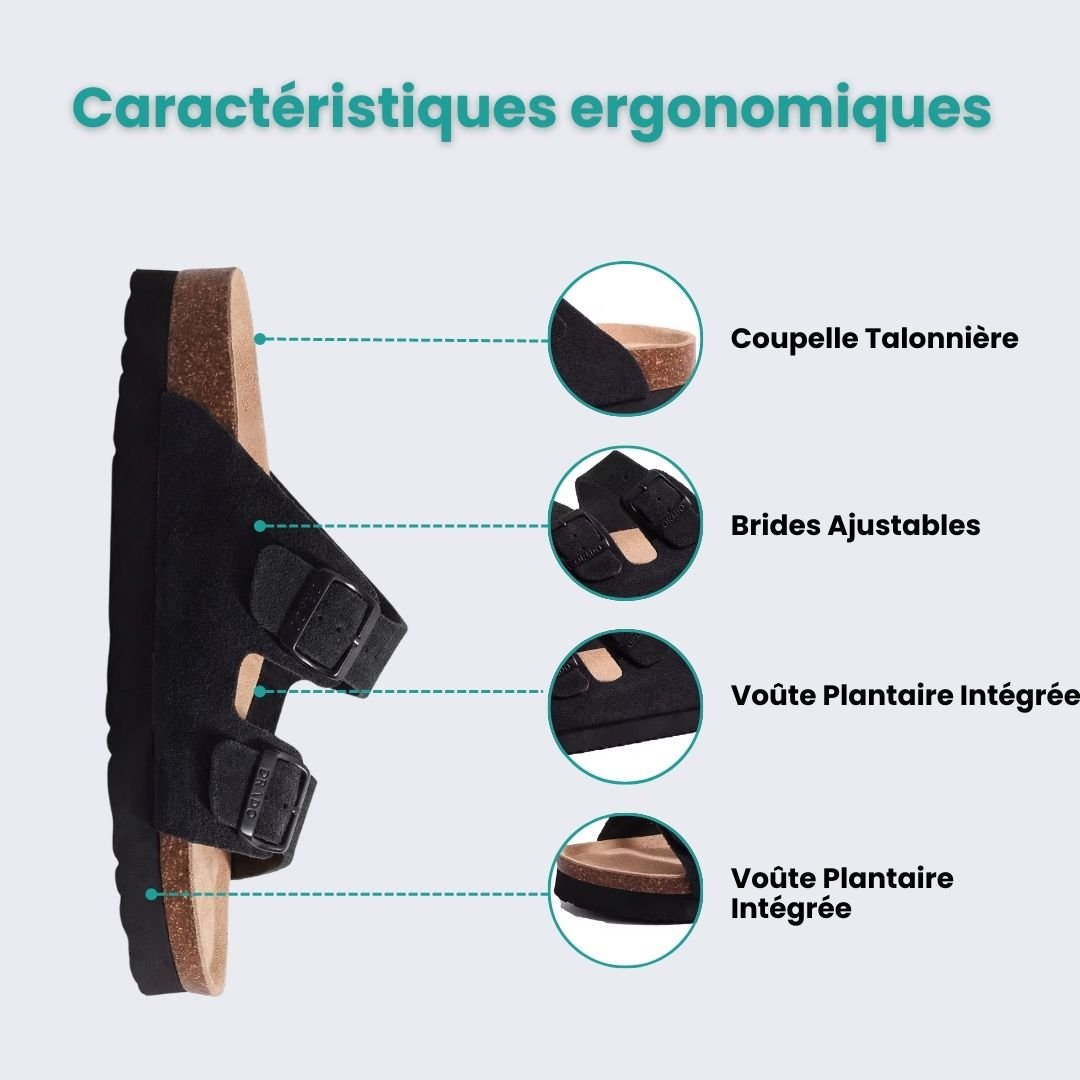 Summer sandals on a cork sole with a molded arch support under the foot