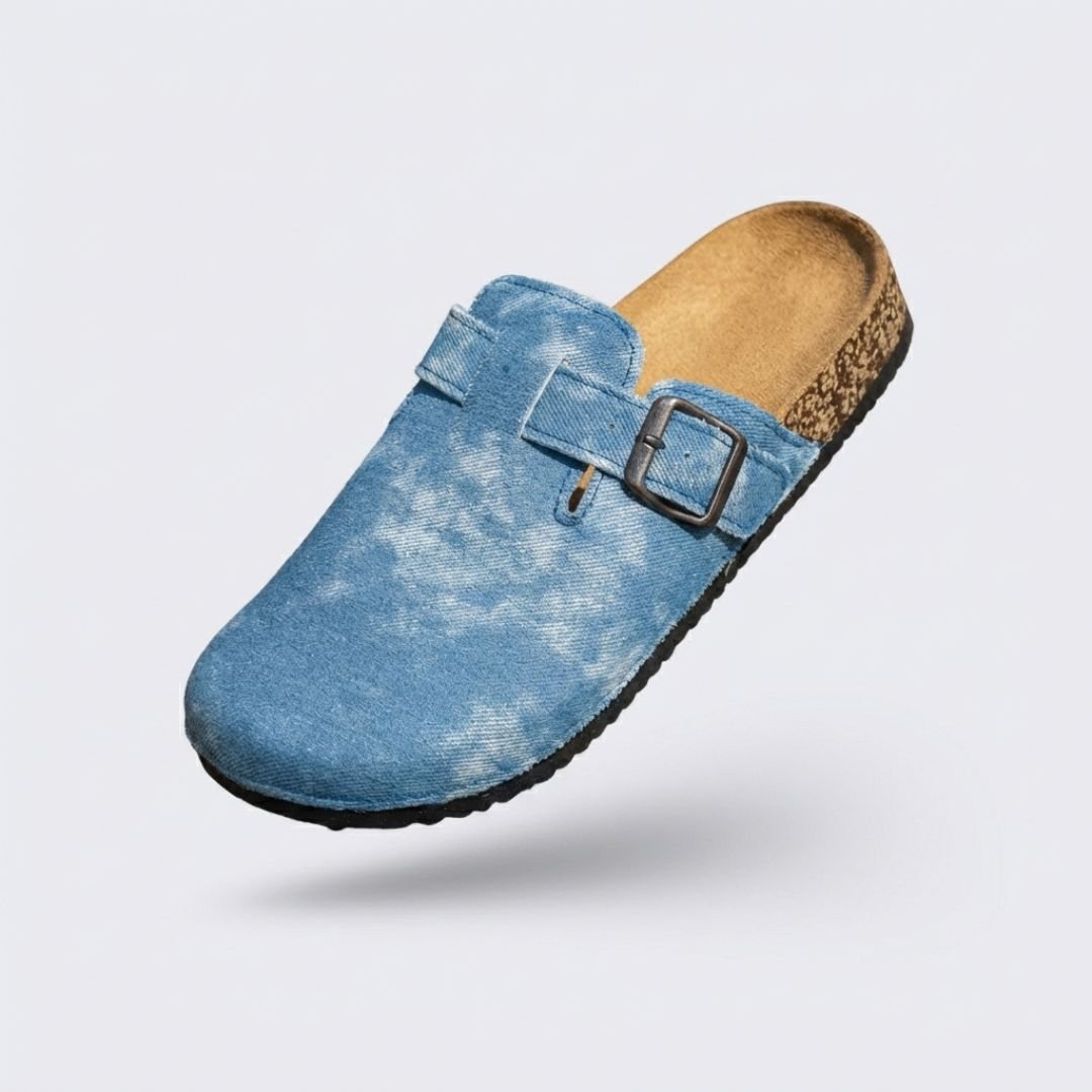 Blue and brown sandals with a contoured cork footbed and adjustable buckled straps