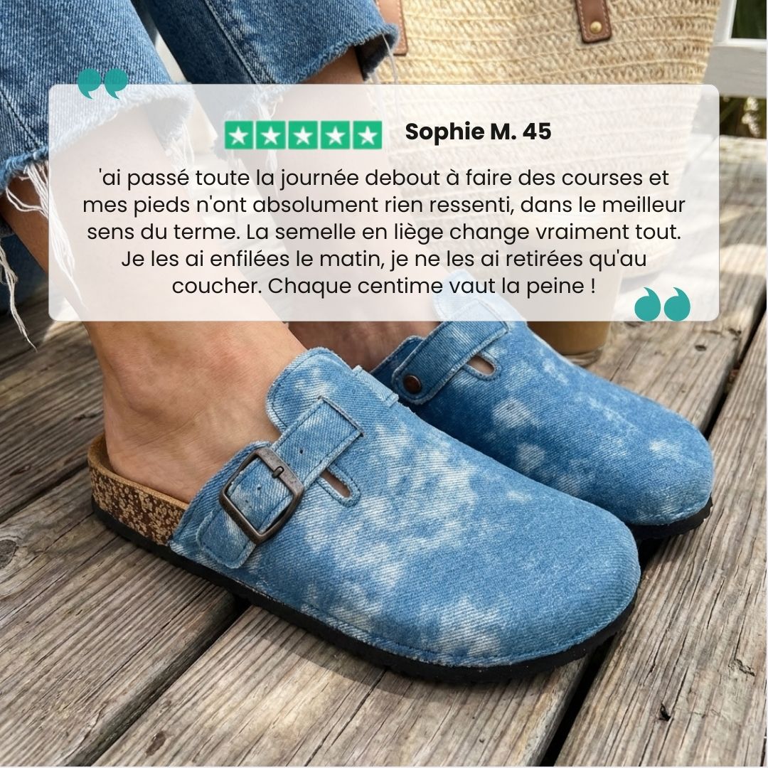 Blue and brown sandals with a contoured cork footbed and adjustable buckled straps