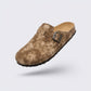 Blue and brown sandals with a contoured cork footbed and adjustable buckled straps