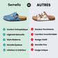 Blue and brown sandals with a contoured cork footbed and adjustable buckled straps