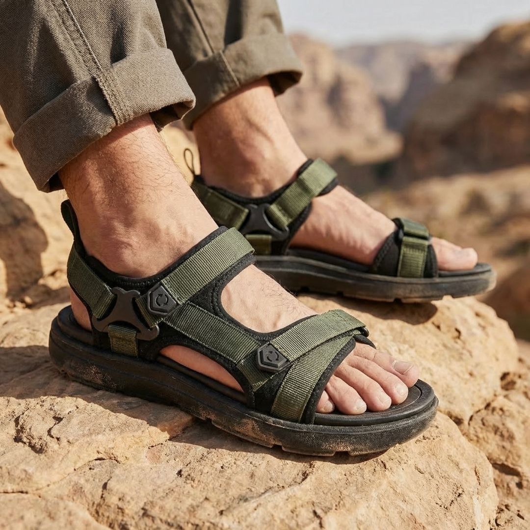 Orthopedic summer sandals in black, blue and green with a contoured footbed and adjustable straps