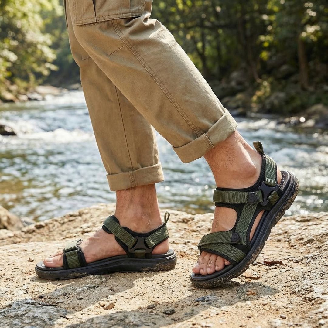 Orthopedic summer sandals in black, blue and green with a contoured footbed and adjustable straps