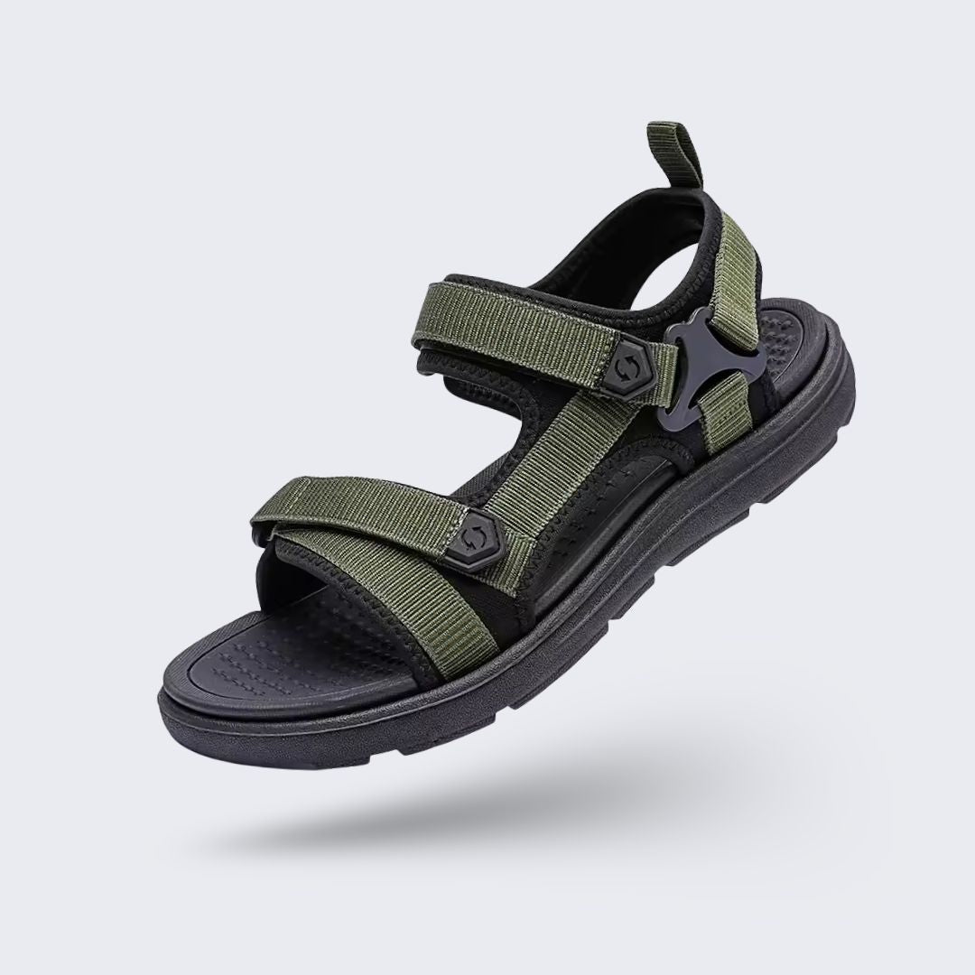 Orthopedic summer sandals in black, blue and green with a contoured footbed and adjustable straps