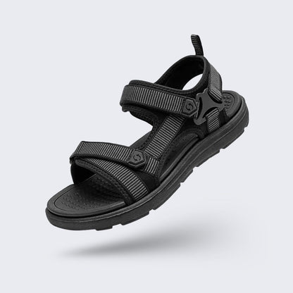 Orthopedic summer sandals in black, blue and green with a contoured footbed and adjustable straps