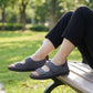 Gray and black open summer sandals for diabetic feet with wide adjustable straps