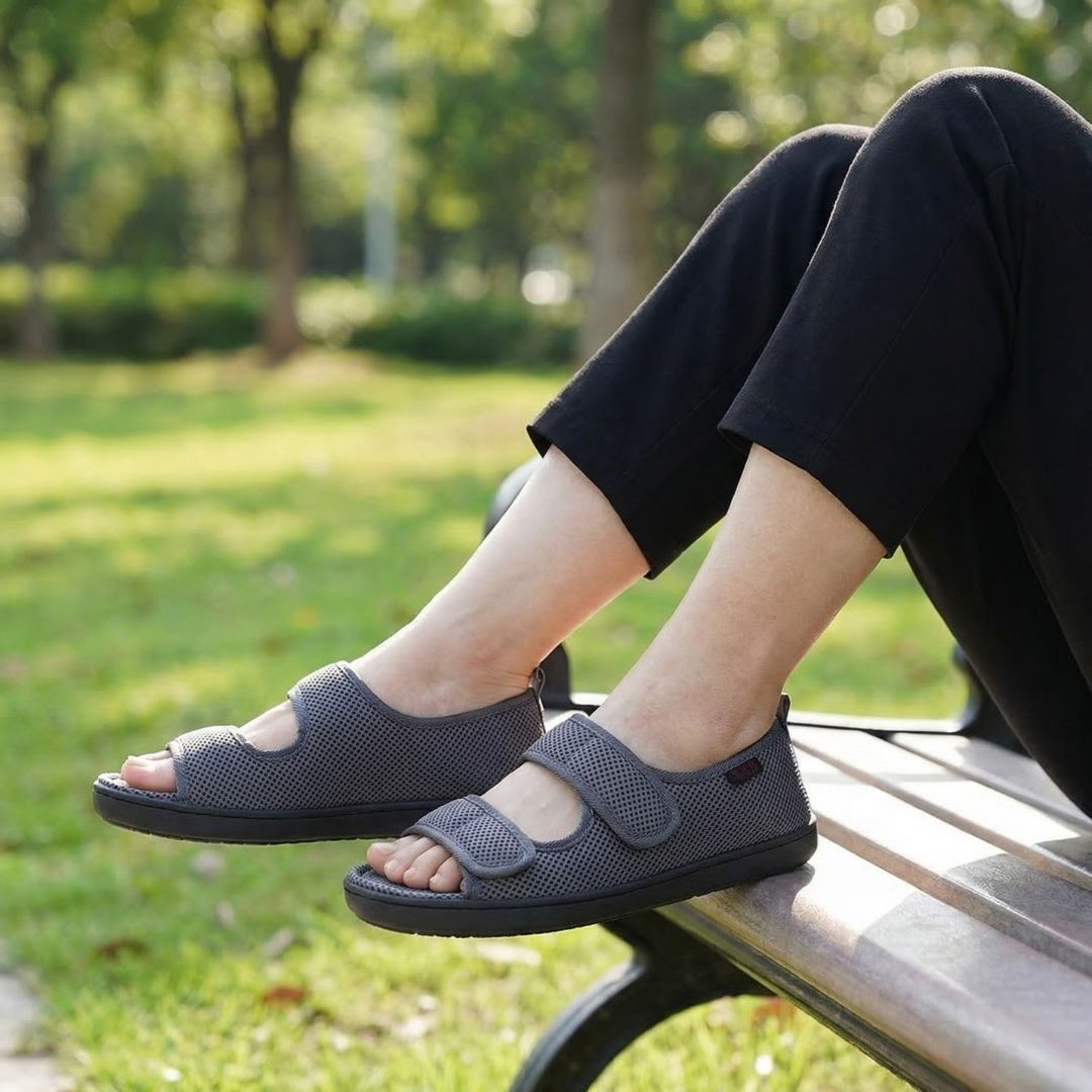 Gray and black open summer sandals for diabetic feet with wide adjustable straps