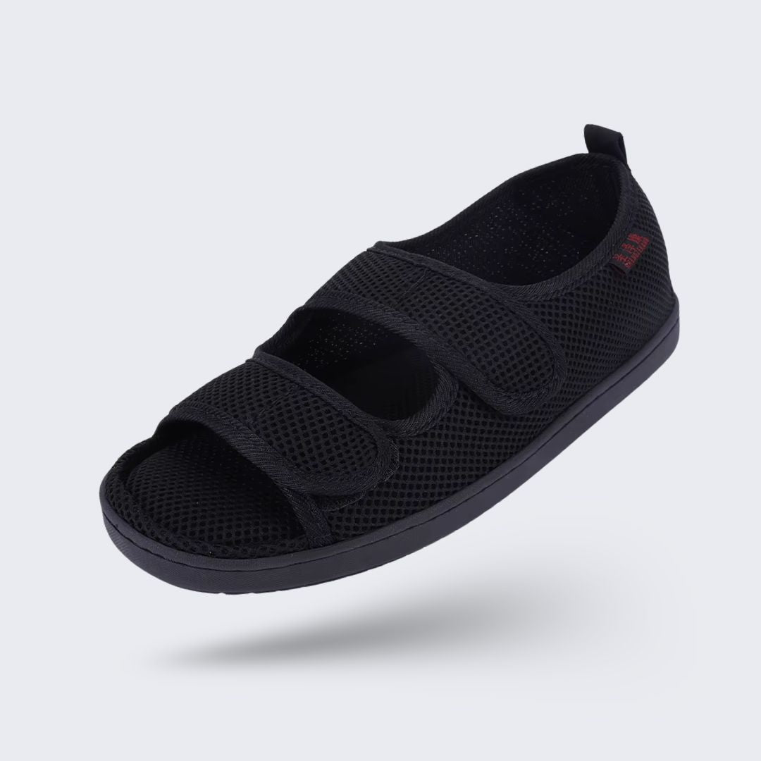 Gray and black open summer sandals for diabetic feet with wide adjustable straps