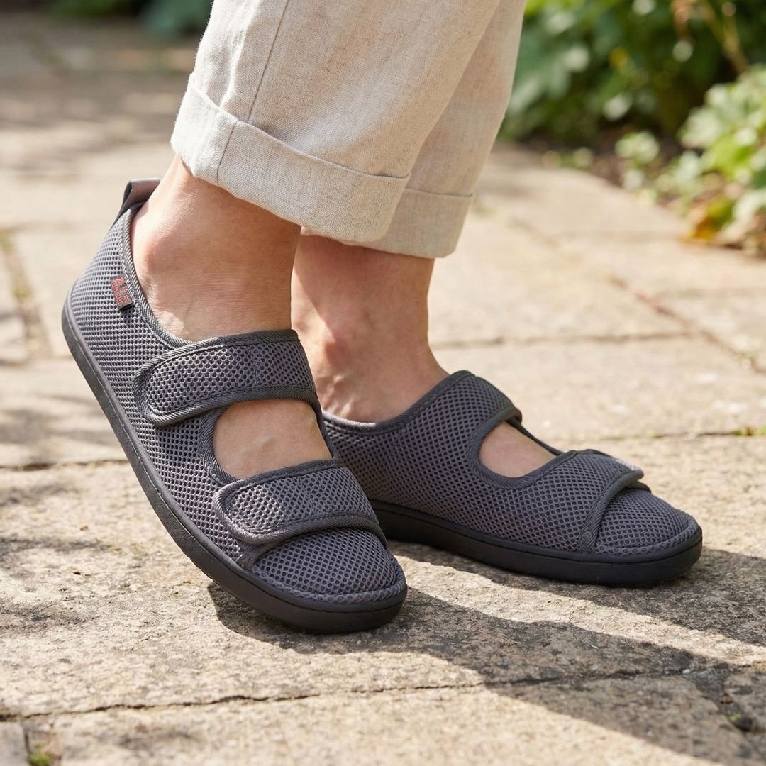 Gray and black open summer sandals for diabetic feet with wide adjustable straps