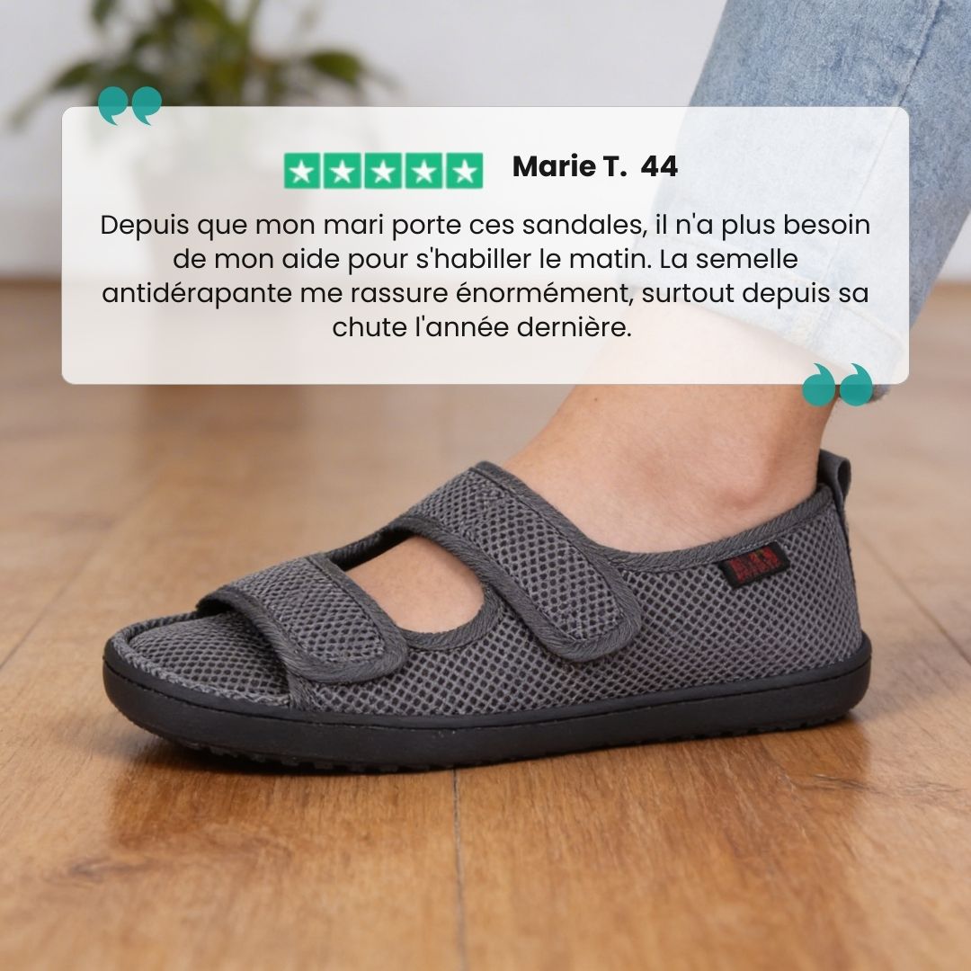 Gray and black open summer sandals for diabetic feet with wide adjustable straps