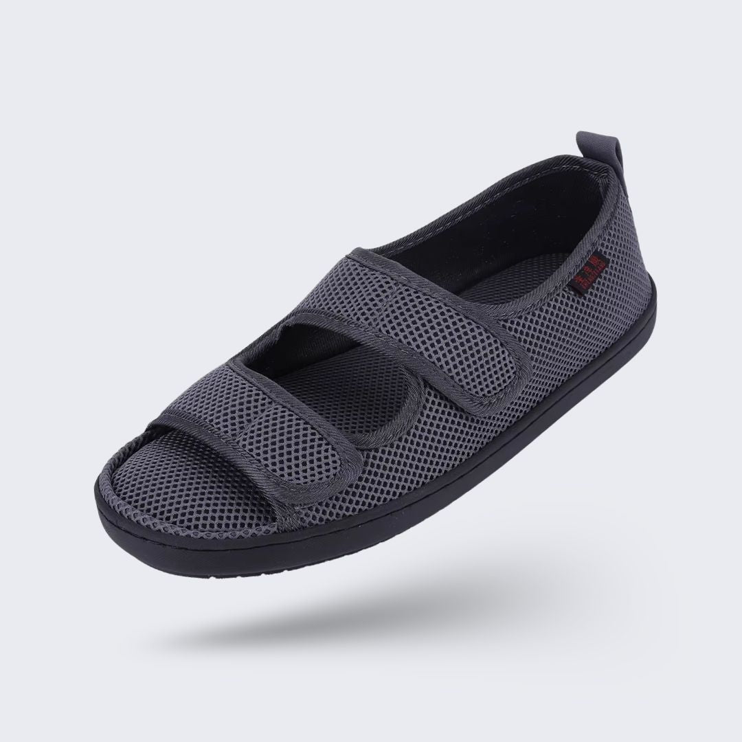 Gray and black open summer sandals for diabetic feet with wide adjustable straps