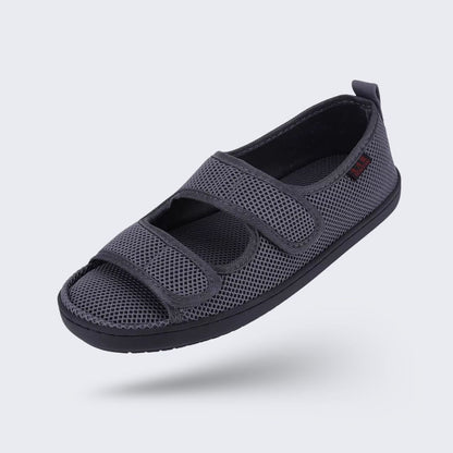 Gray and black open summer sandals for diabetic feet with wide adjustable straps