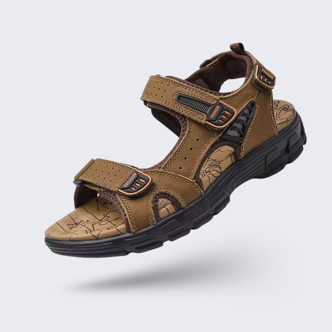 Women's orthopedic leather sandals in black, brown and yellow with adjustable straps over the instep