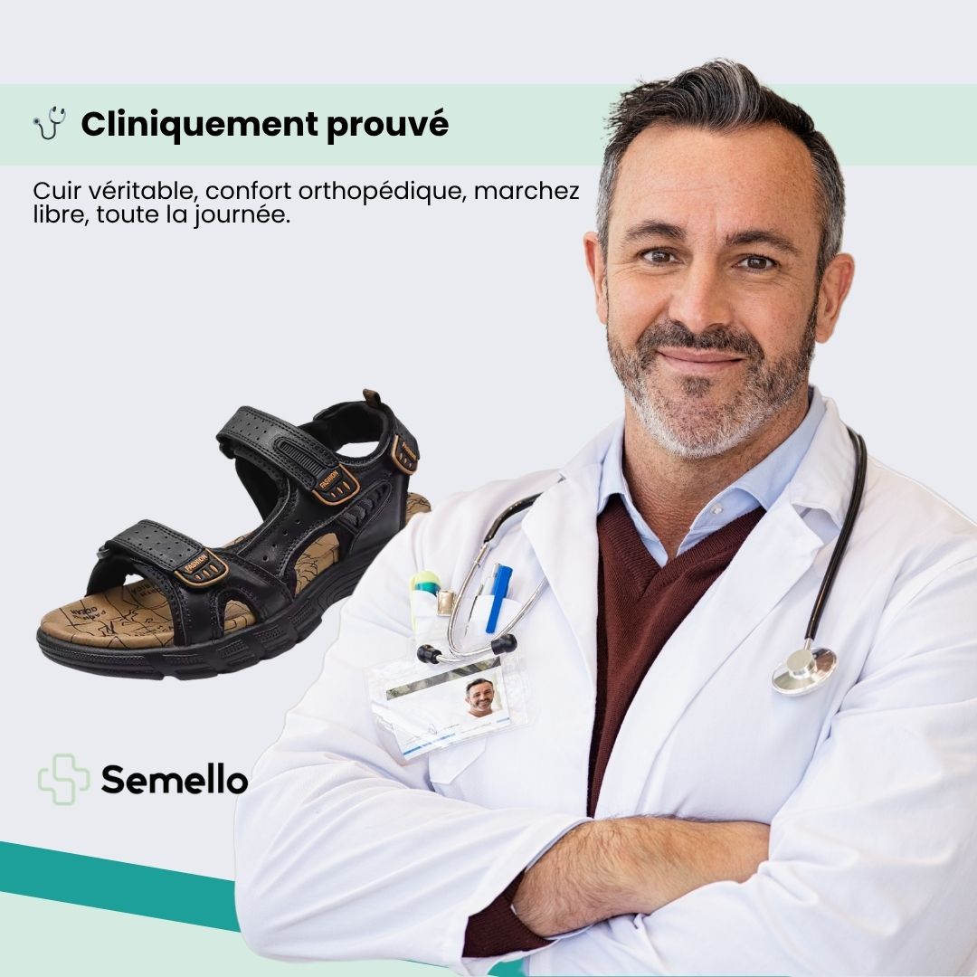Women's orthopedic leather sandals in black, brown and yellow with adjustable straps over the instep