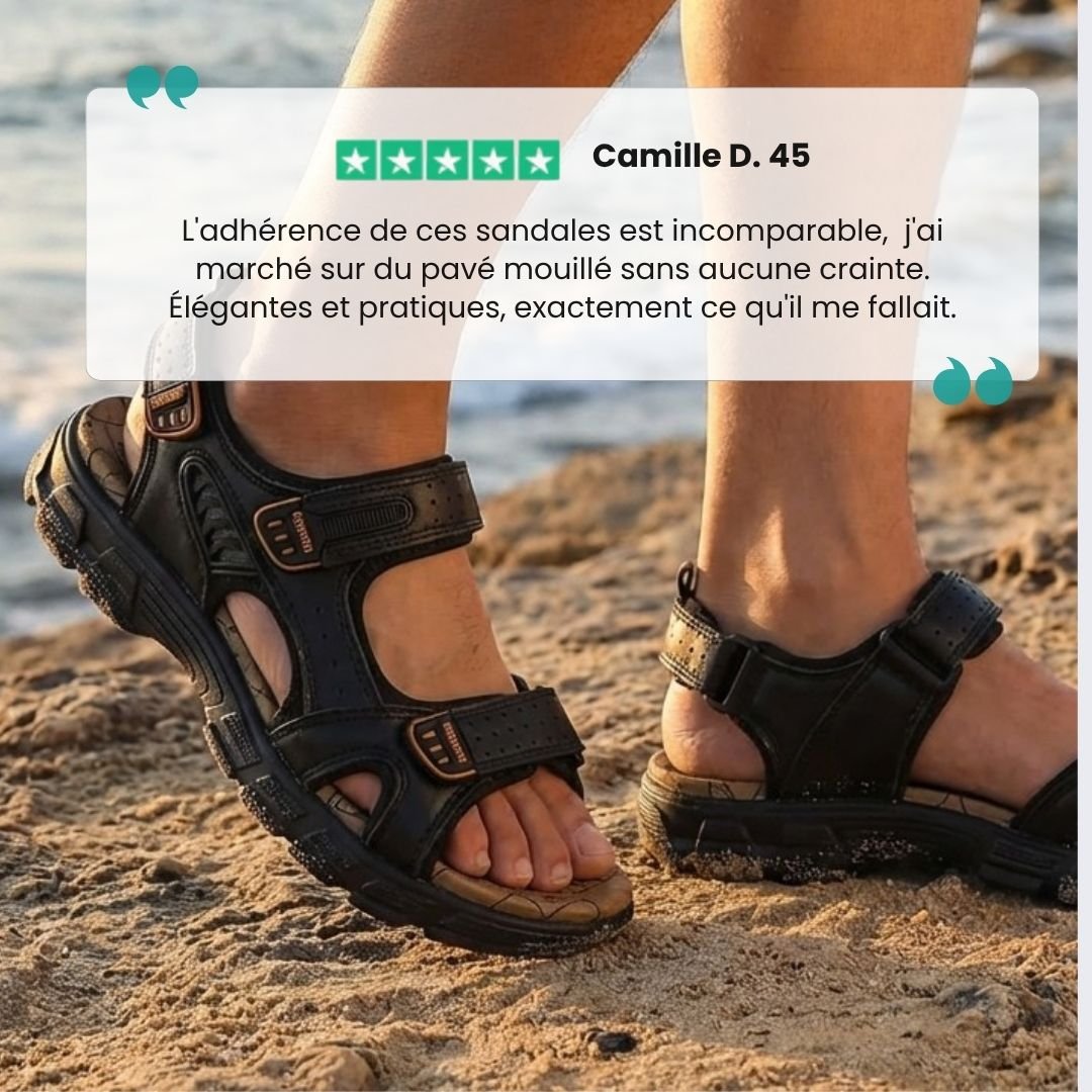 Women's orthopedic leather sandals in black, brown and yellow with adjustable straps over the instep