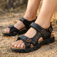 Women's orthopedic leather sandals in black, brown and yellow with adjustable straps over the instep