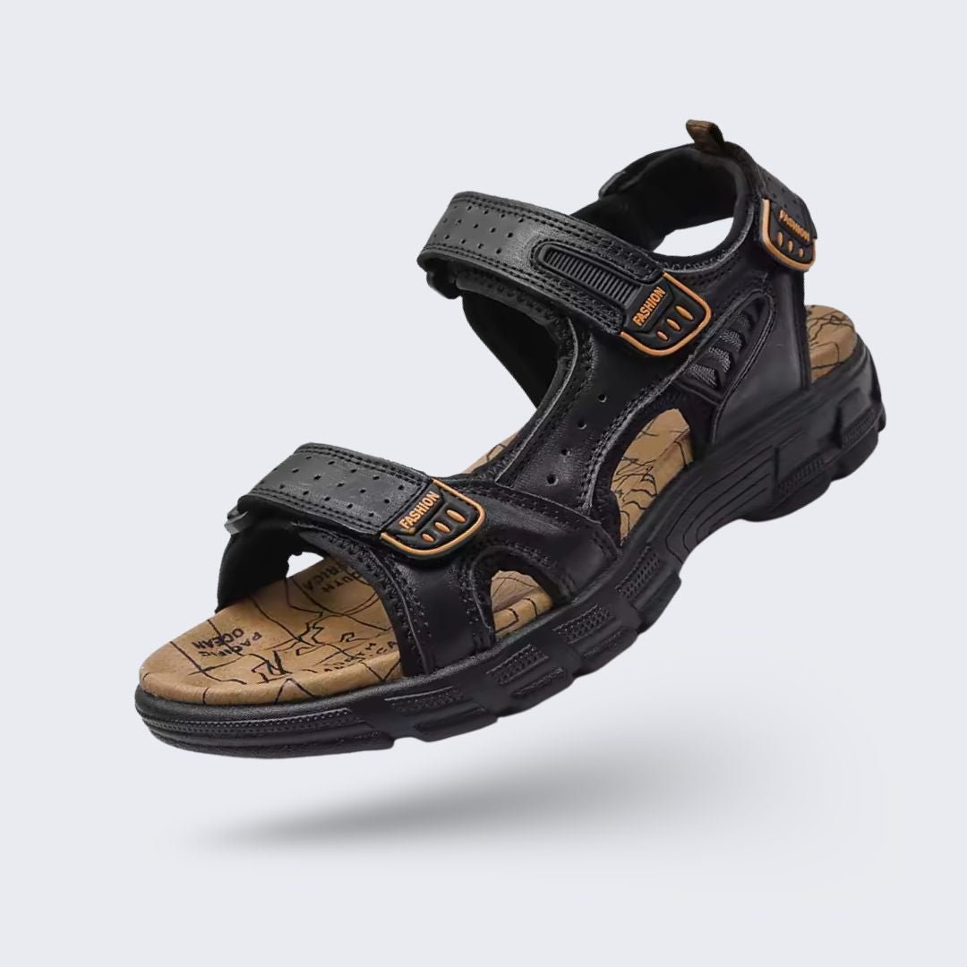 Women's orthopedic leather sandals in black, brown and yellow with adjustable straps over the instep
