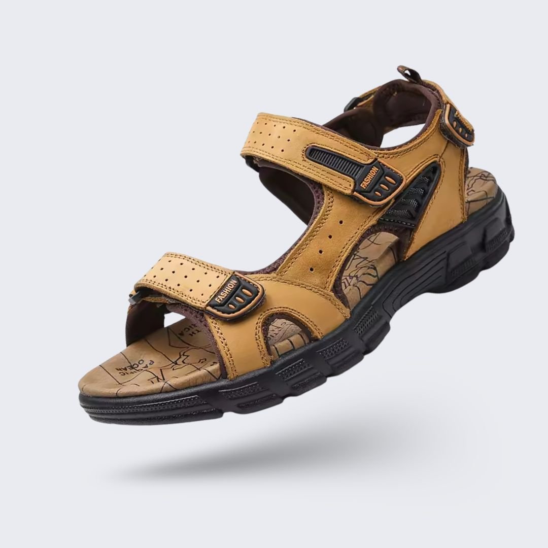 Women's orthopedic leather sandals in black, brown and yellow with adjustable straps over the instep