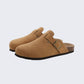 Women's cork footbed sandals with wide straps, in black, apricot, green and chocolate