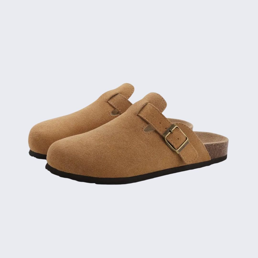 Women's cork footbed sandals with wide straps, in black, apricot, green and chocolate