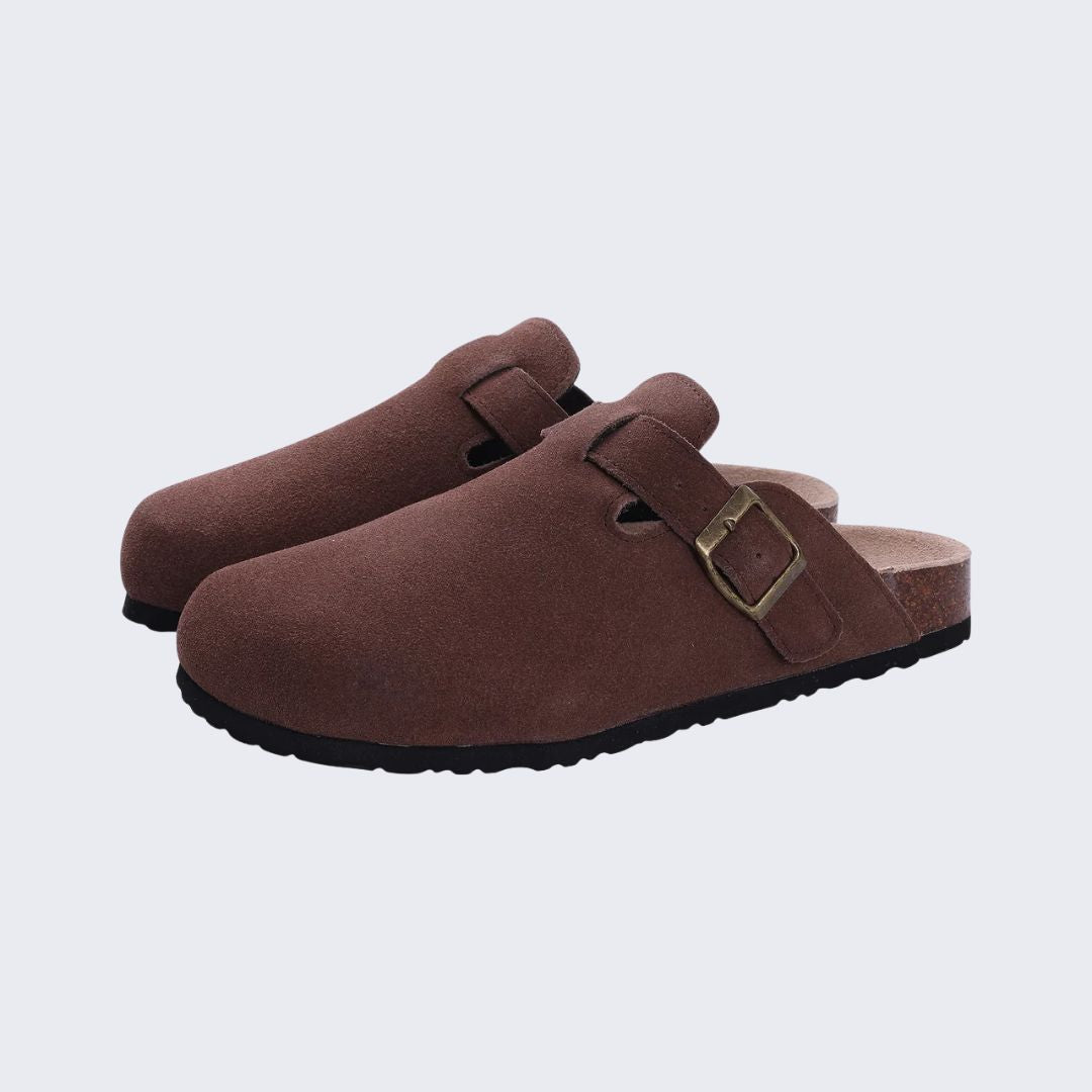 Women's cork footbed sandals with wide straps, in black, apricot, green and chocolate