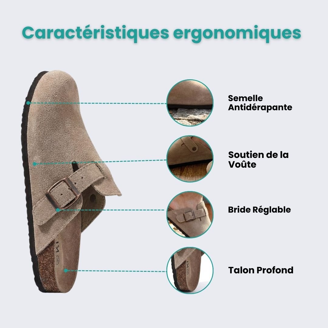 Women's cork footbed sandals with wide straps, in black, apricot, green and chocolate