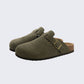 Women's cork footbed sandals with wide straps, in black, apricot, green and chocolate