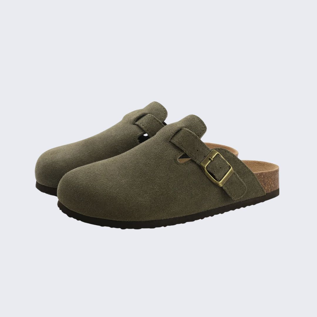 Women's cork footbed sandals with wide straps, in black, apricot, green and chocolate