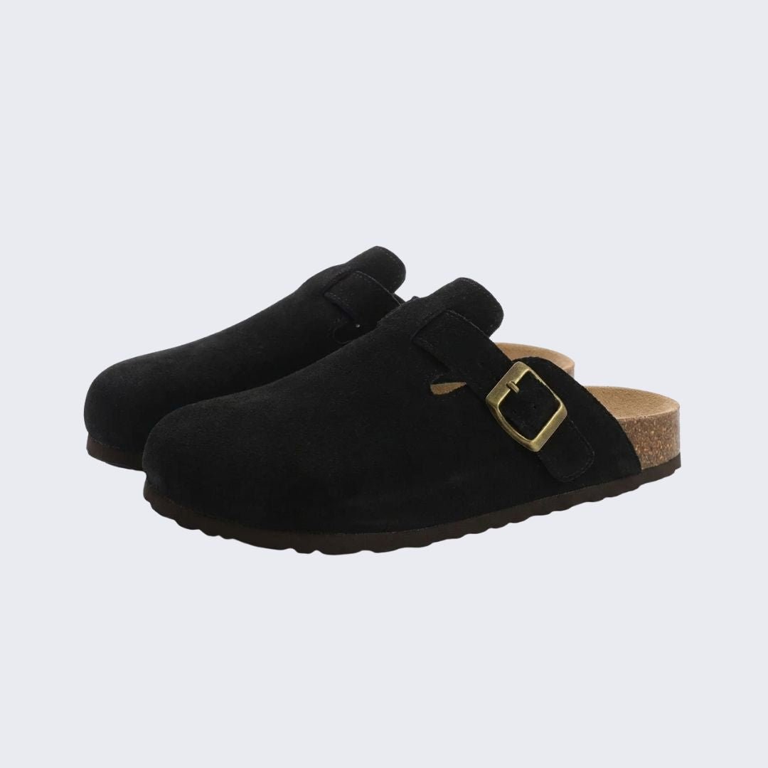 Women's cork footbed sandals with wide straps, in black, apricot, green and chocolate