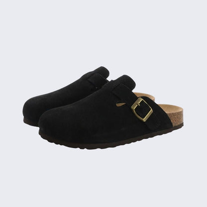 Women's cork footbed sandals with wide straps, in black, apricot, green and chocolate