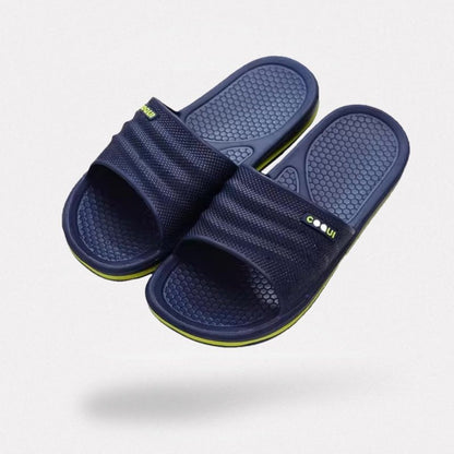 Men's orthopedic sandals with adjustable straps and contoured footbeds, in navy, gray and brown