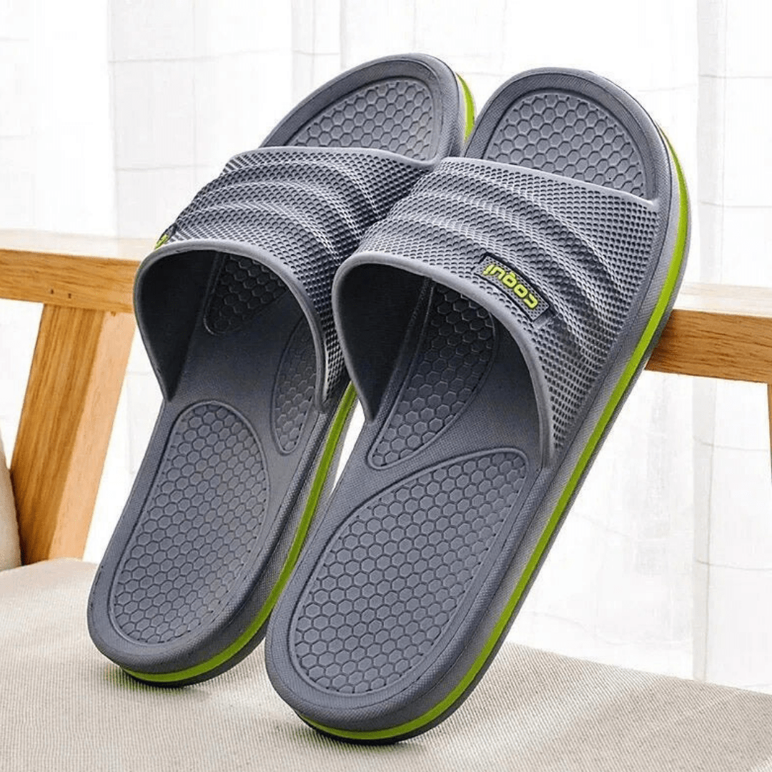 Men's orthopedic sandals with adjustable straps and contoured footbeds, in navy, gray and brown