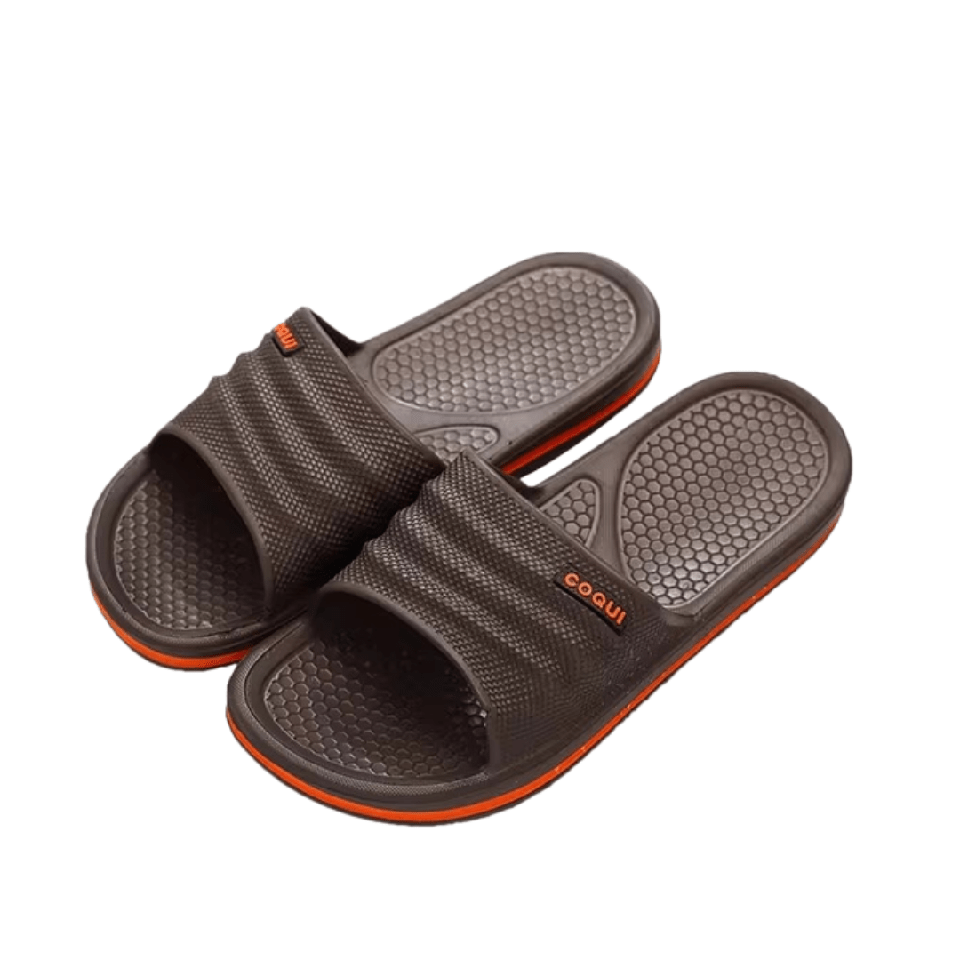 Men's orthopedic sandals with adjustable straps and contoured footbeds, in navy, gray and brown