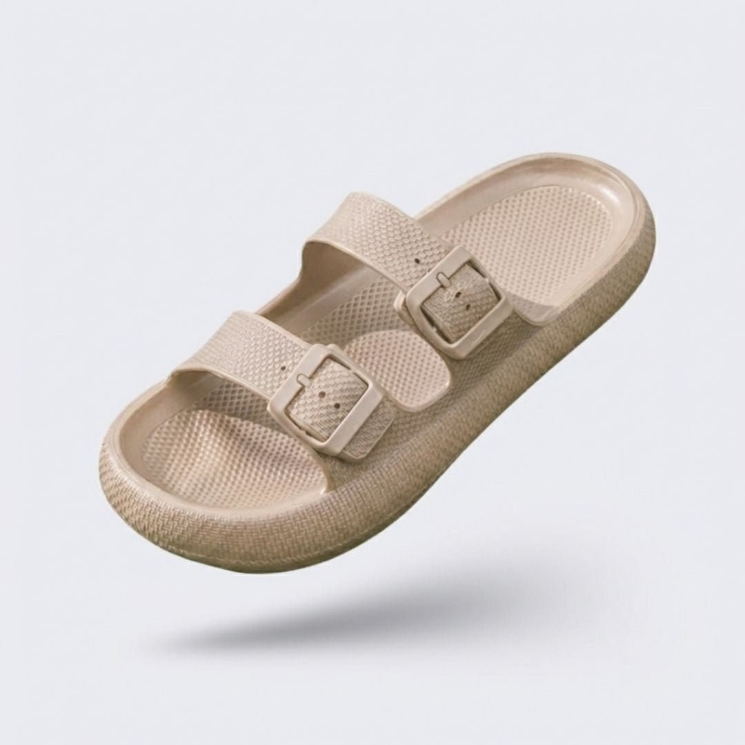 Orthopedic sandals with adjustable buckle straps over the instep and a contoured footbed