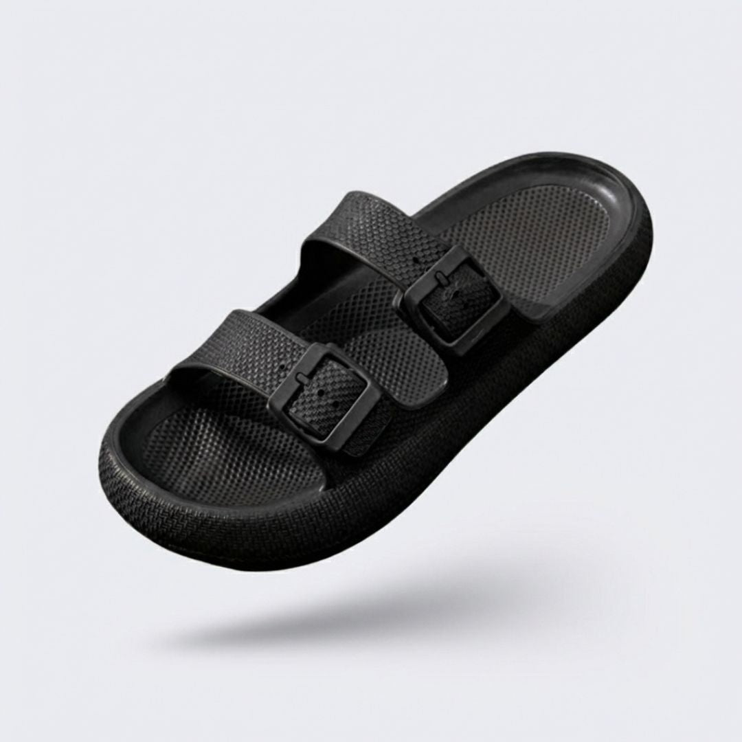 Orthopedic sandals with adjustable buckle straps over the instep and a contoured footbed