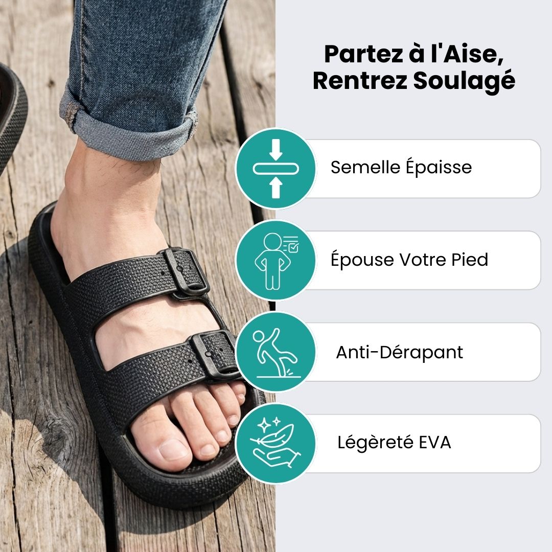 Orthopedic sandals with adjustable buckle straps over the instep and a contoured footbed