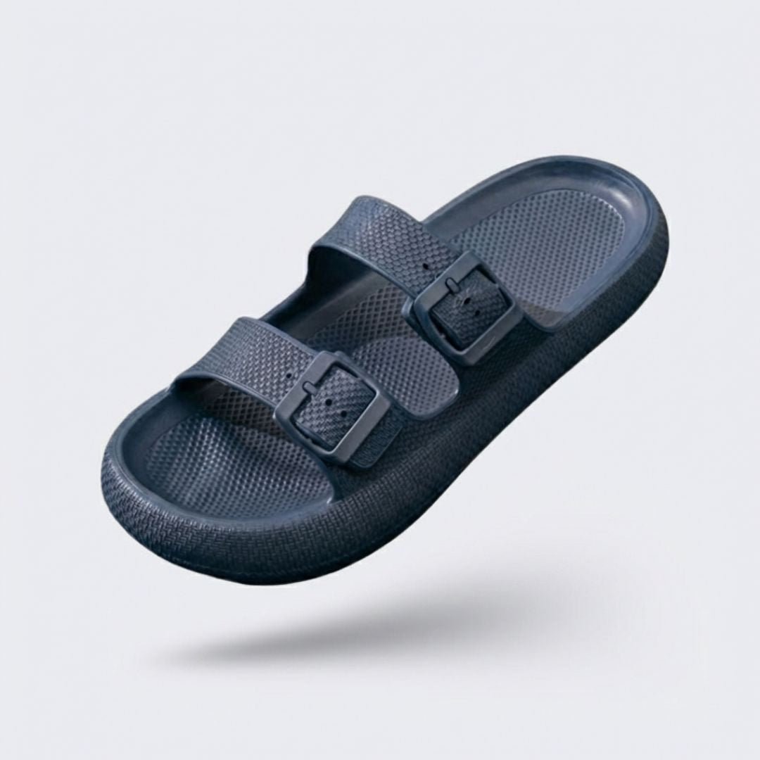 Orthopedic sandals with adjustable buckle straps over the instep and a contoured footbed