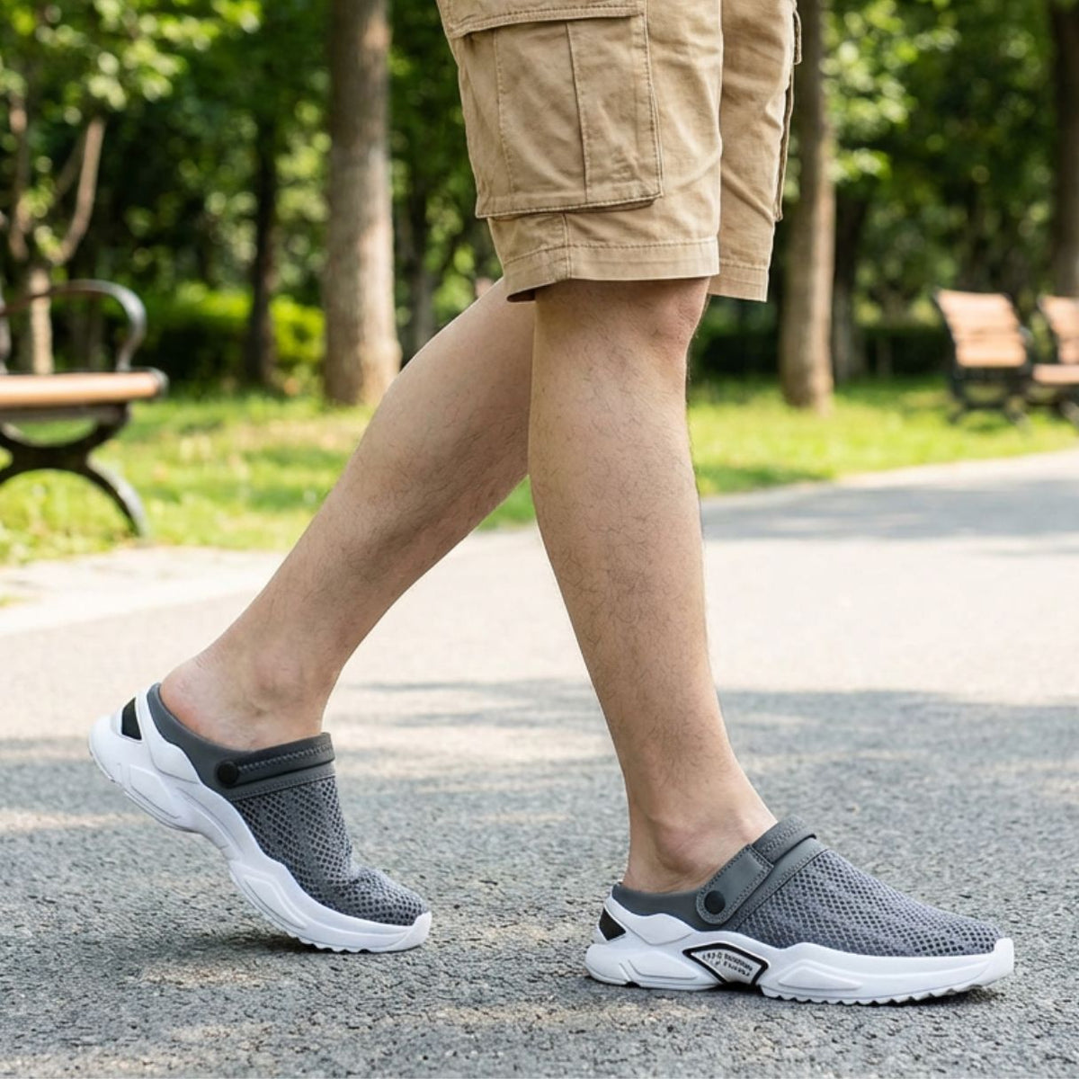 Orthopedic sandals with adjustable straps and a molded arch support footbed, in gray, blue or black