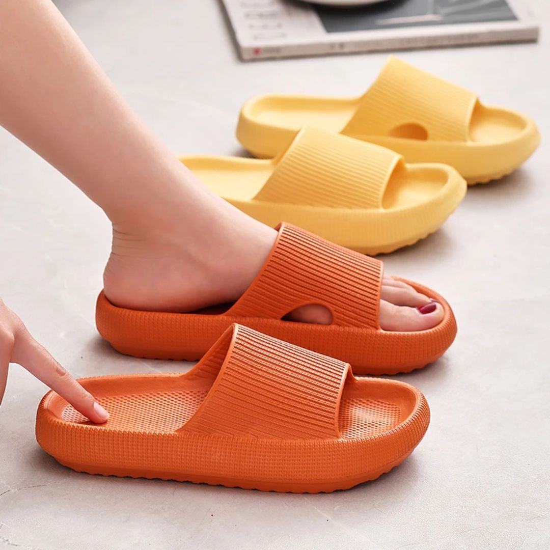 Orthopedic sandals with a contoured footbed for foot pain, in orange, yellow, pink, black and blue