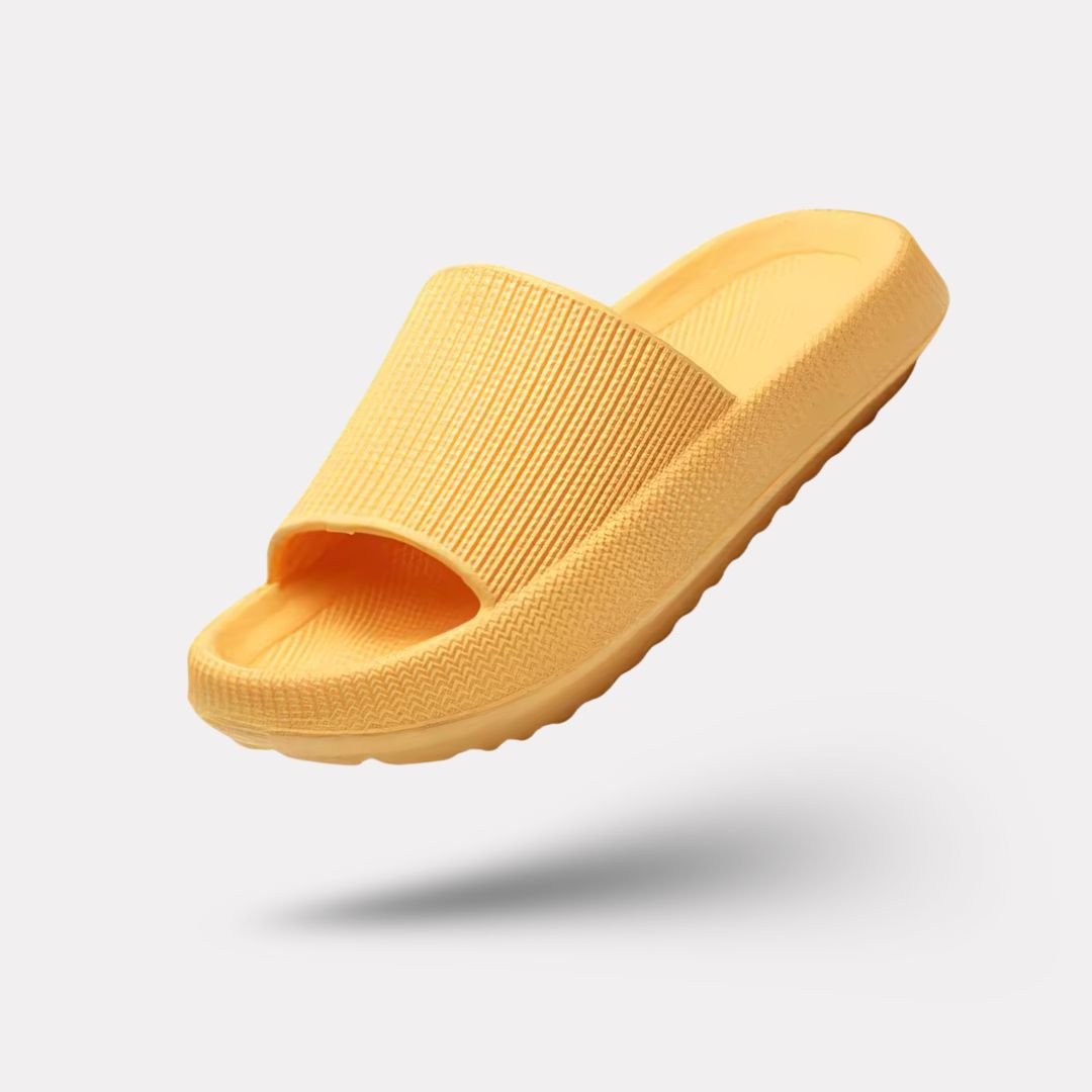 Orthopedic sandals with a contoured footbed for foot pain, in orange, yellow, pink, black and blue