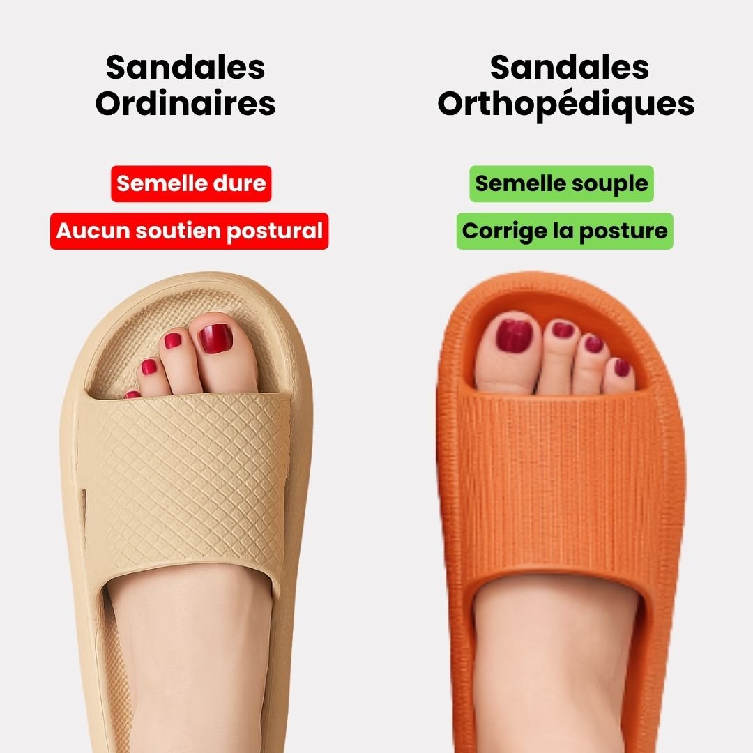 Orthopedic sandals with a contoured footbed for foot pain, in orange, yellow, pink, black and blue