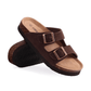 Cream sandals with two buckle straps and a contoured cork footbed